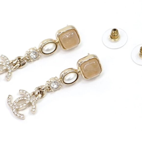 CHANEL CC Logos Rhinestone Pearl Dangle Stud Earrings Gold Tone A21K Auth w/Box - Picture 4 of 8